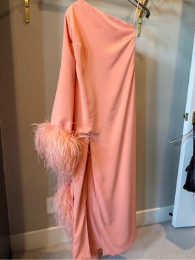 Blazy Shower One-Shoulder Peach Feather-Trim Gown